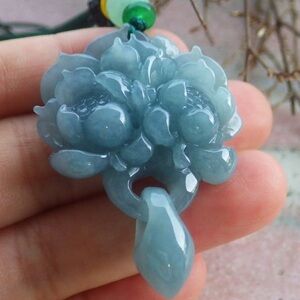 Blue green Elegant lotus jadeite swing Jade Flower Pendant Necklace certificate